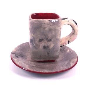 Gray mug and saucer" Marble with red"ceramic  hand- made Art by Asia Terek