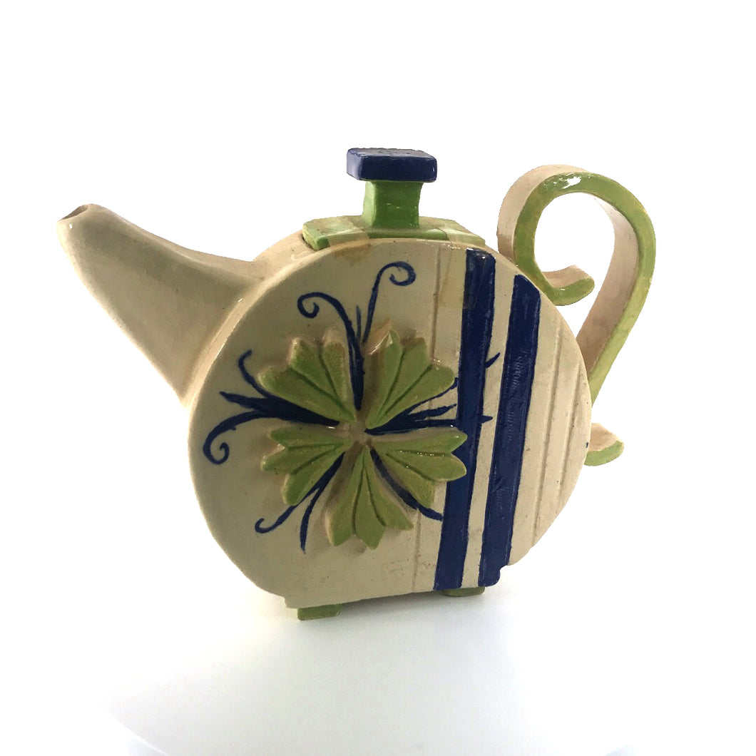 Teapot with green flower ceramic hand-made Art by Asia Terek