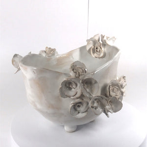 Bowl  on small legs with flowers white "Genrietta" ceramic hand-made Art by Asia Terek